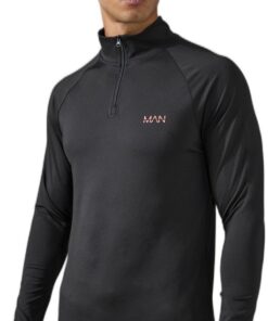 boohooMAN - Men's Active Muscle Fit Quarter Zip Neon Logo Track Top - Black - L