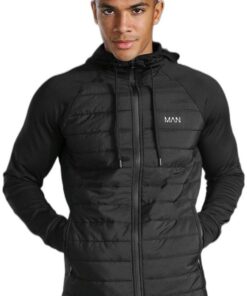 boohooMAN - Men's Active Quilted Zip Through Hoodie - Black - XL