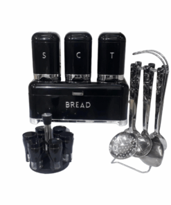 Bread Bin And Canister Set, 6 Pieces Serving Spoons & 6 Pieces Spice Bottles Set - Black