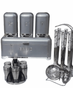 Bread Bin And Canister Set, 6 Pieces Serving Spoons & 6 Pieces Spice Bottles Set - Silver