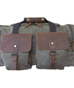 Canvas and Genuine Leather Duffel Bag - Green, Brown