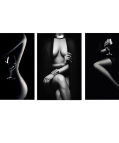 Canvas-Art-3 Pieces Nude Woman With Jackect & Wine Black & White Wall Art