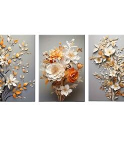 Canvas-Art-3 Pieces Orange & White Blooming Elegance Floral Wall Art