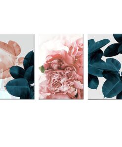 Canvas-Art-3 Pieces Pink Rose Green Leaves Abstract Wall Art