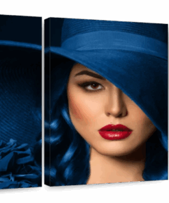 Canvas Art -Blue Hat Woman 3 Piece Canvas Wall Art Living Bedroom Decor
