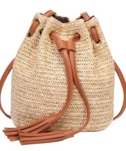 Casual Double Tassel Retro Shoulder Straw Rattan Messenger Bag for Ladies