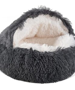 Cat Bed Round Plush Hooded Pet Bed Calming Cave For Small Dog Cat - 50CM - Dark Grey