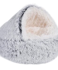 Cat Bed Round Plush Hooded Pet Bed Calming Cave For Small Dog Cat - 50CM - Gradual Grey