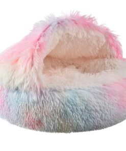 Cat Bed Round Plush Hooded Pet Bed Calming Cave For Small Dog Cat - 50CM - Rainbow Color