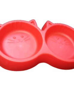 Cat Shaped Double Plastic Cat Bowl - Red