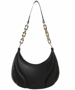 Chic Crescent Shoulder Bag with Gold Chain Strap - Black