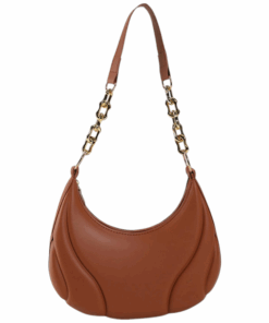 Chic Crescent Shoulder Bag with Gold Chain Strap - Brown
