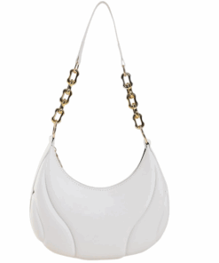 Chic Crescent Shoulder Bag with Gold Chain Strap - White