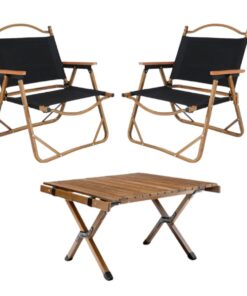 Collapsible Outdoor Camping Armchair with Foldable Picnic Table, Set of 3 - Black