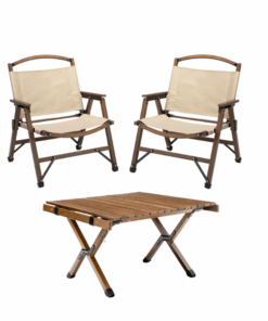 Collapsible Outdoor Camping Armchair with Foldable Picnic Table, Set of 3 - Brown