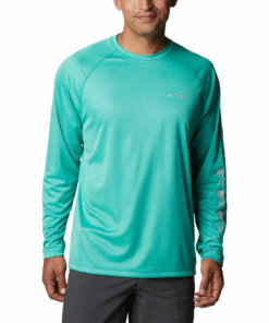 Columbia Mens Terminal Tackle Hthr LS Electric Turquoise Hthr, Cool Grey - XL