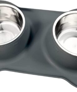 Cool Pets Grey Stainless Steel Bowl Feeder Set With Silicone Mat - L