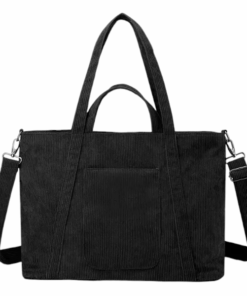 Corduroy Texture Multi-Pocket Tote Bag With Adjustable Strap - Black