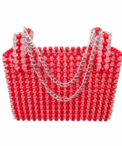 Crystal Beaded PU Leather Handbag For Woman with Chain Strap - Red