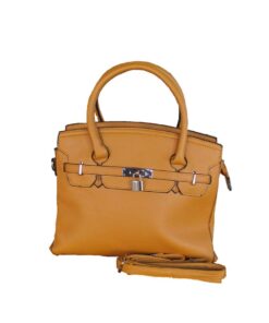 CS Brand Camel Leather Tote Handbag with Lock Closure and Silver Hardware