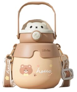 Cute Little Bears Cover Straw Tumblers Large Capacity Sports Cup With Strap - Brown