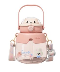 Cute Little Bears Cover Straw Tumblers Large Capacity Sports Cup With Strap - Pink