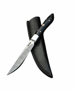 Damascus Steel Bird and Trout Knife With Leather Sheath - Bull Horn