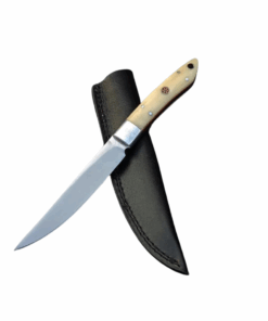 Damascus Steel Bird and Trout Knife With Leather Sheath - Camel Bone