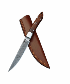 Damascus Steel Bird and Trout Knife With Leather Sheath - Rosewood
