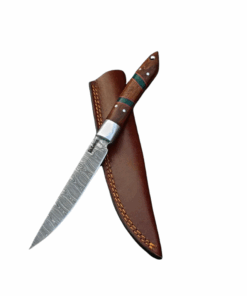 Damascus Steel Bird and Trout Knife With Leather Sheath - Rosewood Epoxy