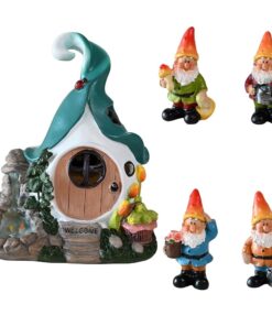 Decor Mini Hand Painted Solar Powered Gnome House & Gnomes Set of 5 (14cm)