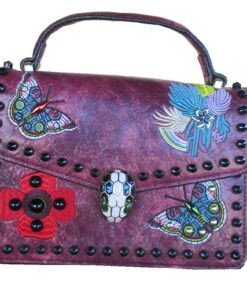 Deep Purple Imitation Leather Handbag with Embroidery and Skull Clasp