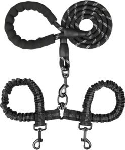Dog Leash For Double Dogs - Absorbing No Tangle Dog Lead For All Size Dog - Black
