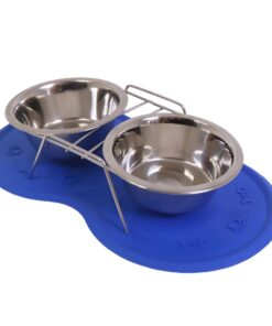 Dog/Cat Bowl - Pet Feeder with Non-Slip Rubber Feeding Mat - Blue