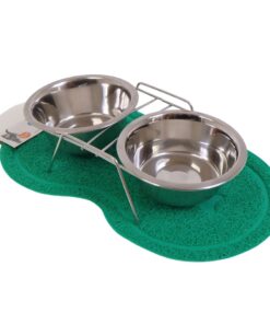 Dog/Cat Bowl - Pet Feeder with Non-Slip Rubber Feeding Mat - Green