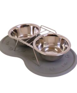 Dog/Cat Bowl - Pet Feeder with Non-Slip Rubber Feeding Mat - Grey