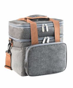 Double Layer Large Capacity Lunch Cooler Bag with Strap - Grey