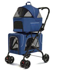 Double Pet Stroller Lightweight Folding Dog And Cat Travel Pushchair - Grey