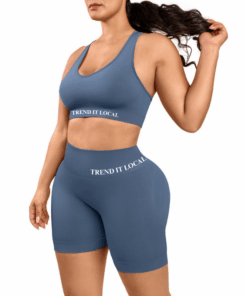 Eco-friendly V-Neck Seamless Sports Bra and Shorts Set - Blue - S