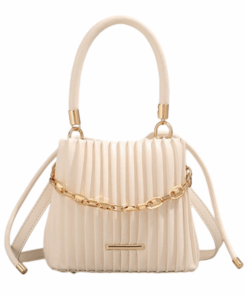 Elegant Pleated Faux Leather Handbag with Gold Chain Accent - Creamy White