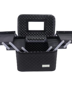 Expandable Three Tier Black Cosmetic Makeup Case with Mirror Foldable Tray
