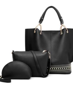 Fashion 3 Piece Set Women's PU Leather Messenger Shoulder Handbag - Black