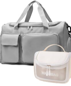 Fashionable Waterproof Multi Task Travel Gym Duffel Bag With Toiletry Bag - Grey White