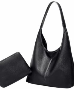 Faux Leather Hobo Shoulder Bag With Matching Zippered Pouch - Black