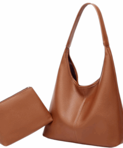 Faux Leather Hobo Shoulder Bag With Matching Zippered Pouch - Brown