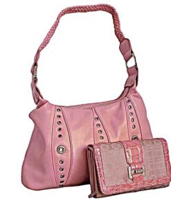 Faux Leather Shoulder Bag & Purse Set - Pink
