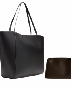Faux Leather Tote with Matching Pouch Set - Black