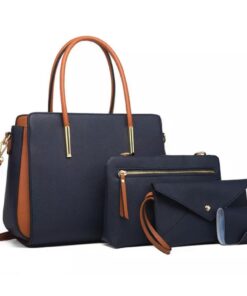 FCG 4 Piece Navy & Toffee Brown Faux Leather Ladies Handbag Set