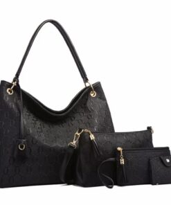 FCG Deluxe 4pc Embossed Handbag Set - Handbag, Clutch, Purse & Card Holder - Black