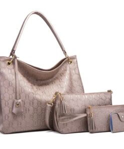 FCG Deluxe 4pc Embossed Handbag Set - Handbag, Clutch, Purse & Card Holder - Rose Gold